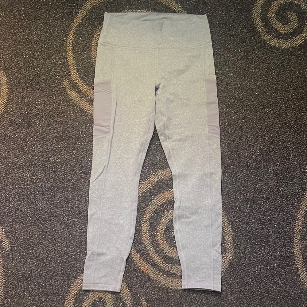 Grey and black fabletics power hold leggings W/ mesh pockets